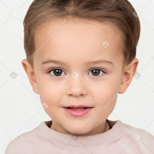 Joyful white child female with short  brown hair and brown eyes