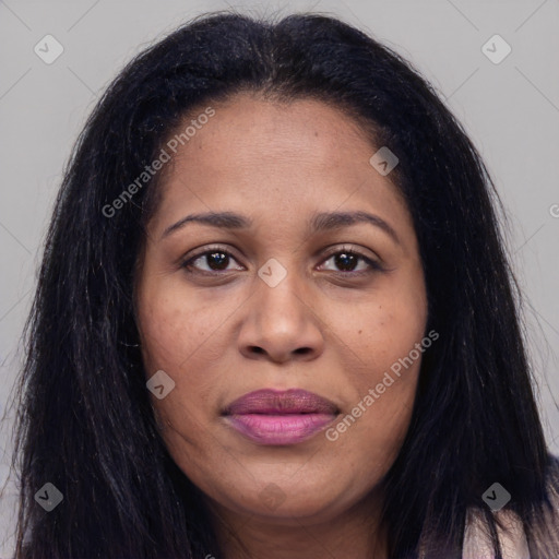Joyful asian young-adult female with long  brown hair and brown eyes