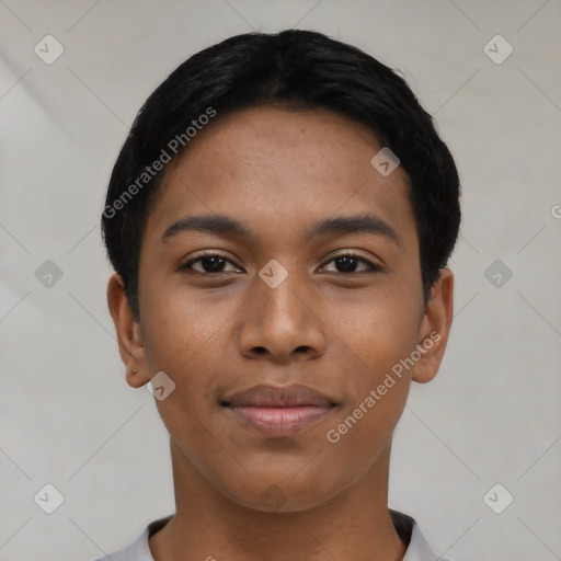 Joyful asian young-adult female with short  black hair and brown eyes