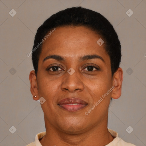 Joyful black young-adult female with short  brown hair and brown eyes