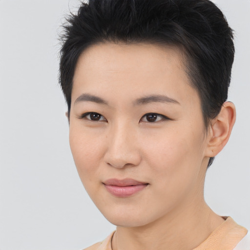 Joyful asian young-adult female with short  brown hair and brown eyes