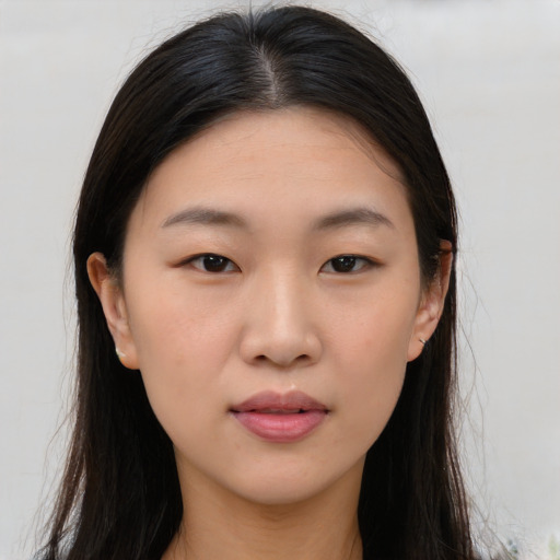 Neutral asian young-adult female with long  brown hair and brown eyes