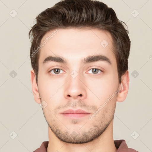 Neutral white young-adult male with short  brown hair and brown eyes