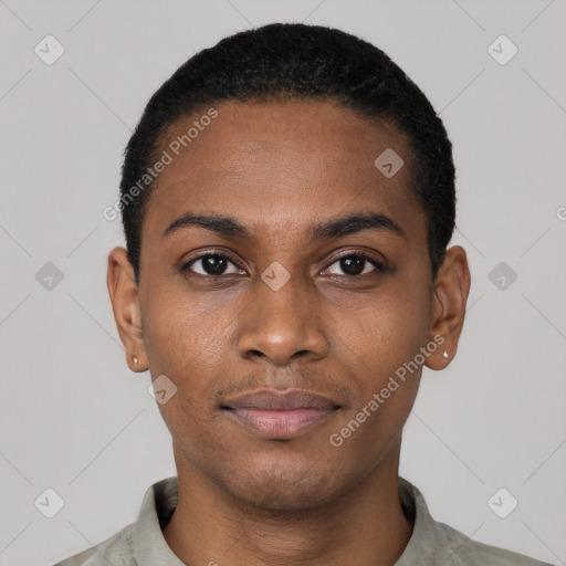 Neutral black young-adult male with short  black hair and brown eyes