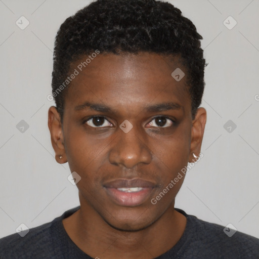 Neutral black young-adult male with short  black hair and brown eyes