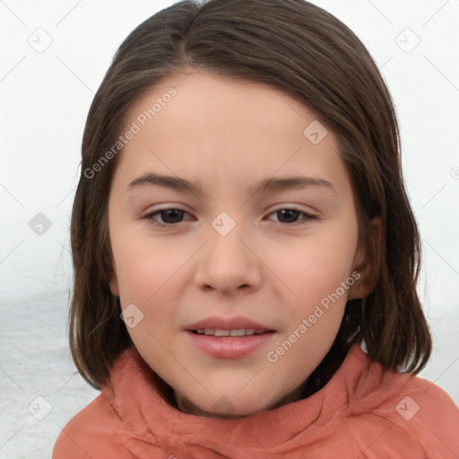 Joyful white child female with medium  brown hair and brown eyes