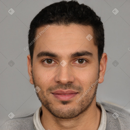 Joyful white young-adult male with short  black hair and brown eyes