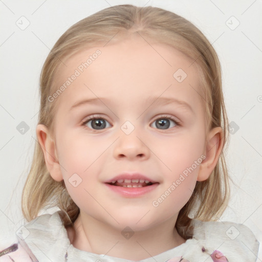 Joyful white child female with medium  brown hair and blue eyes