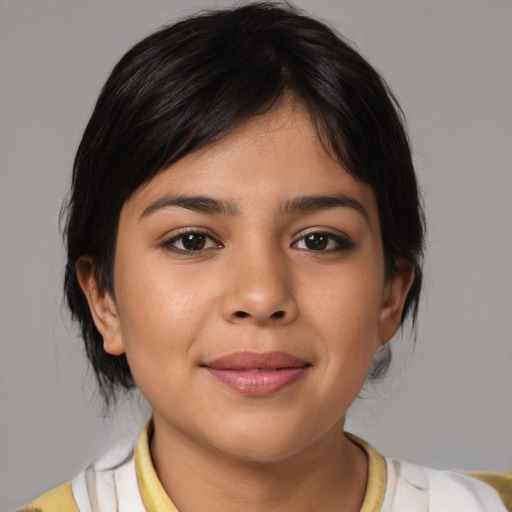Joyful latino young-adult female with medium  black hair and brown eyes