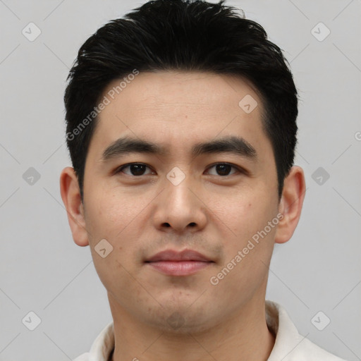 Neutral asian young-adult male with short  black hair and brown eyes