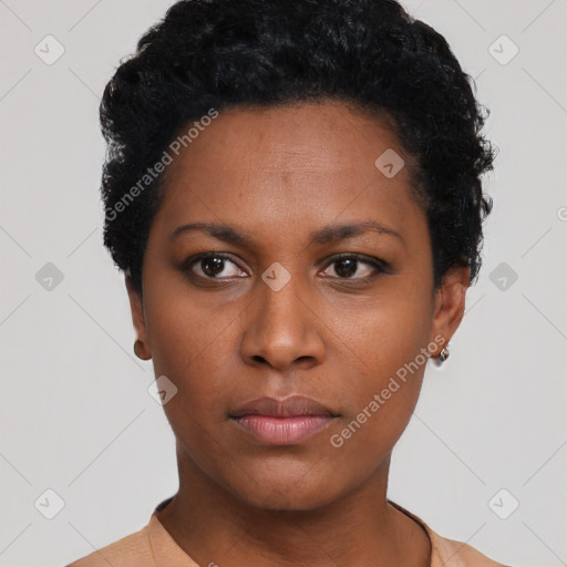 Neutral black young-adult female with short  black hair and brown eyes