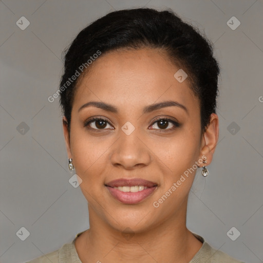 Joyful latino young-adult female with short  brown hair and brown eyes