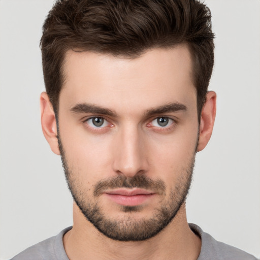 Neutral white young-adult male with short  brown hair and brown eyes