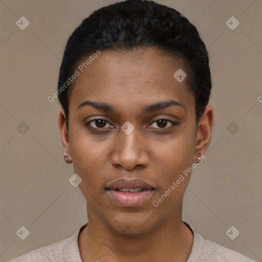 Joyful black young-adult female with short  black hair and brown eyes