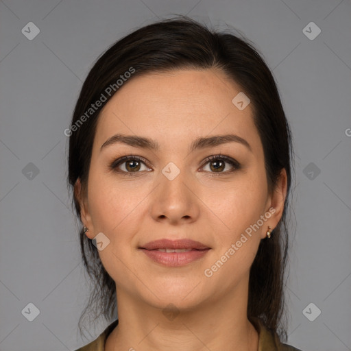 Joyful white young-adult female with medium  brown hair and brown eyes