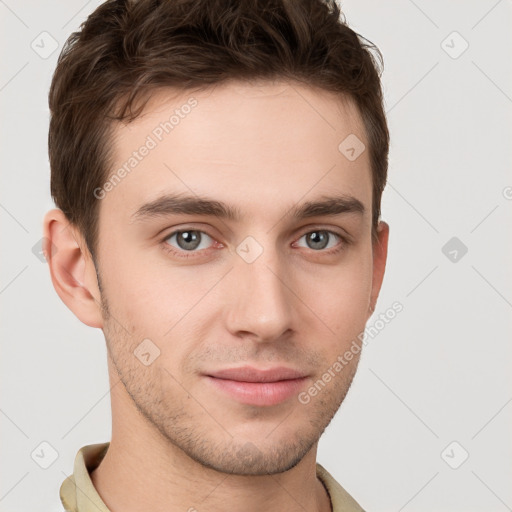 Neutral white young-adult male with short  brown hair and grey eyes