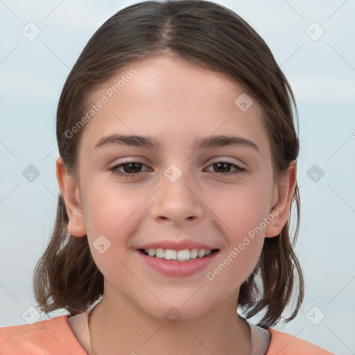 Joyful white child female with medium  brown hair and brown eyes