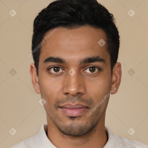 Neutral latino young-adult male with short  black hair and brown eyes