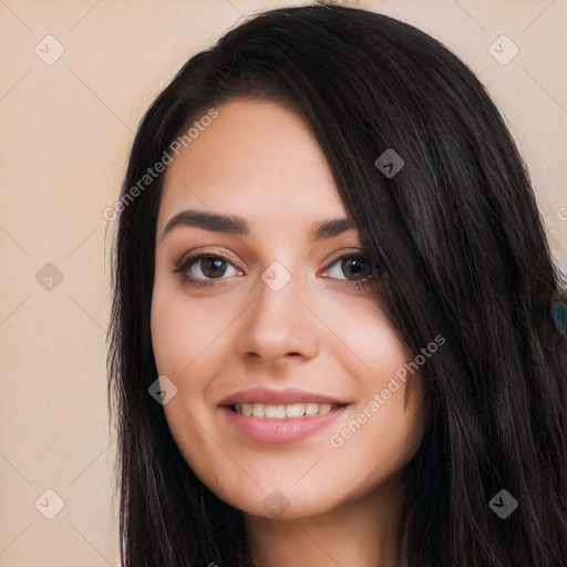 Joyful white young-adult female with long  black hair and brown eyes