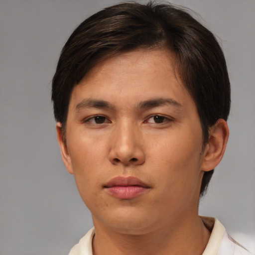 Neutral asian young-adult female with short  brown hair and brown eyes