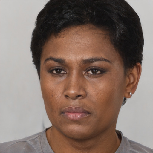 Neutral black young-adult female with short  black hair and brown eyes