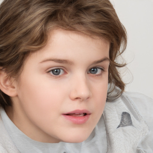 Neutral white child female with medium  brown hair and grey eyes