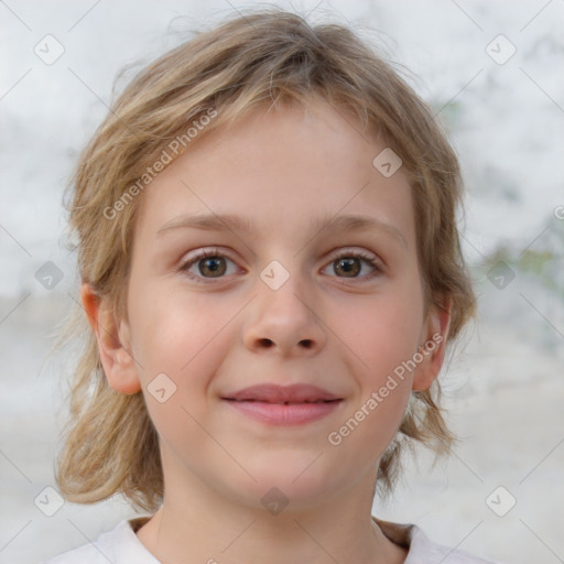 Joyful white child female with medium  brown hair and blue eyes