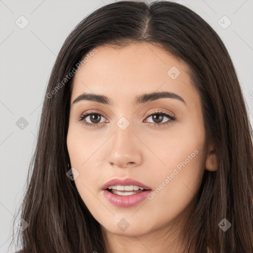 Neutral white young-adult female with long  brown hair and brown eyes