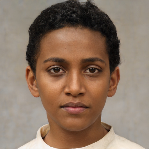 Neutral black young-adult female with short  black hair and brown eyes