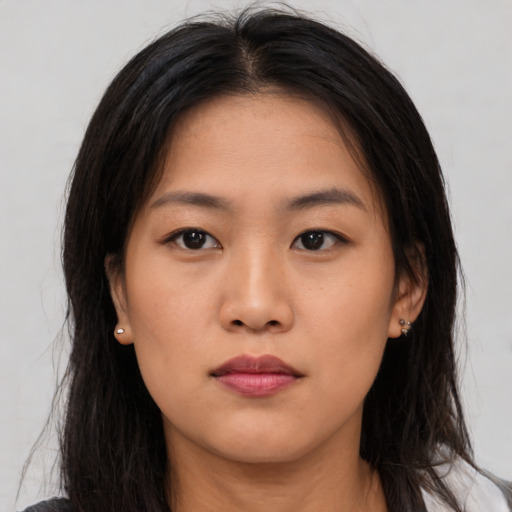 Neutral asian young-adult female with long  brown hair and brown eyes