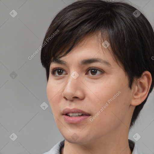 Joyful white young-adult female with medium  brown hair and brown eyes