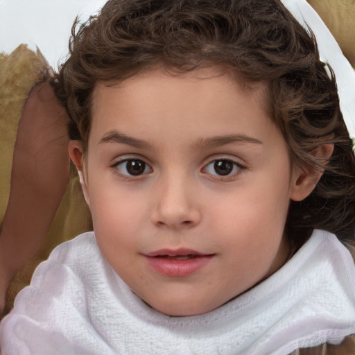 Joyful white child female with short  brown hair and brown eyes