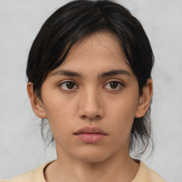 Neutral asian young-adult female with medium  brown hair and brown eyes