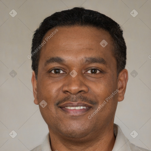 Joyful black adult male with short  black hair and brown eyes