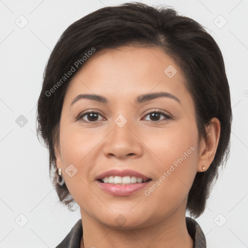 Joyful white young-adult female with medium  brown hair and brown eyes