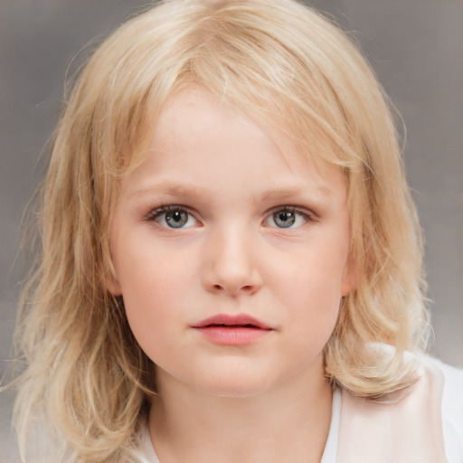 Neutral white child female with medium  blond hair and blue eyes