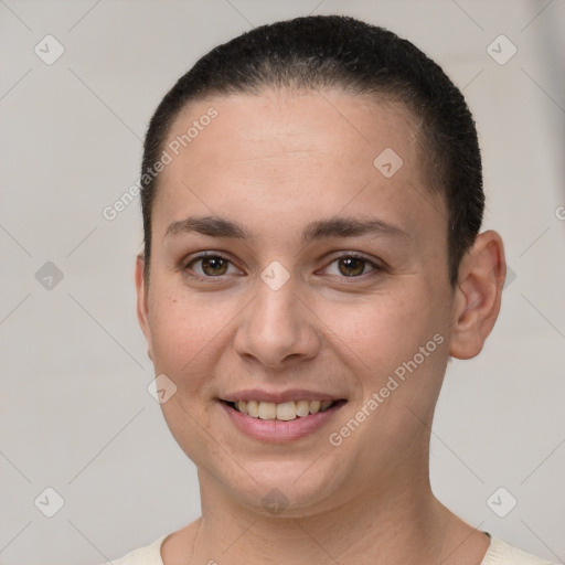 Joyful white young-adult female with short  brown hair and brown eyes