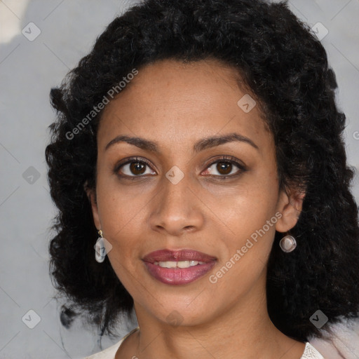 Joyful black young-adult female with medium  black hair and brown eyes