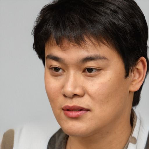 Joyful asian young-adult male with short  brown hair and brown eyes