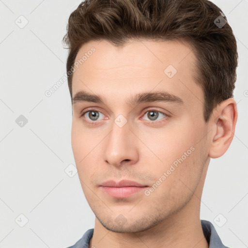 Neutral white young-adult male with short  brown hair and brown eyes