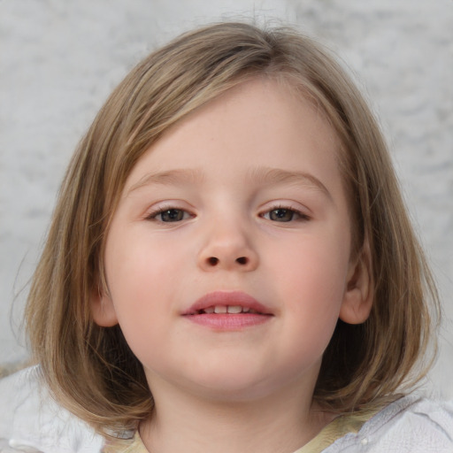 Neutral white child female with medium  brown hair and blue eyes