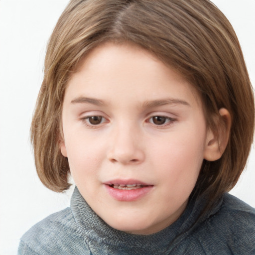 Joyful white child female with medium  brown hair and grey eyes