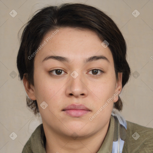 Neutral asian young-adult female with medium  brown hair and brown eyes