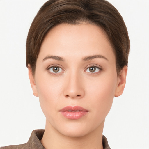 Neutral white young-adult female with short  brown hair and brown eyes