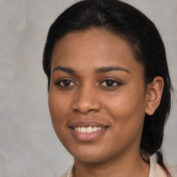 Joyful black young-adult female with medium  brown hair and brown eyes