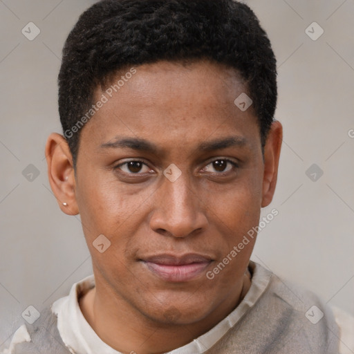 Joyful black young-adult male with short  brown hair and brown eyes