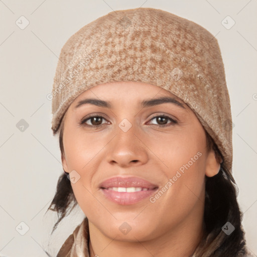 Joyful white young-adult female with short  black hair and brown eyes