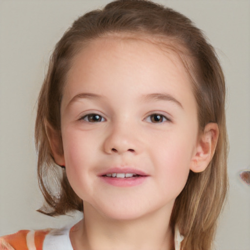 Joyful white child female with medium  brown hair and blue eyes