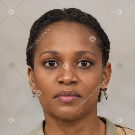 Neutral black young-adult female with short  brown hair and brown eyes