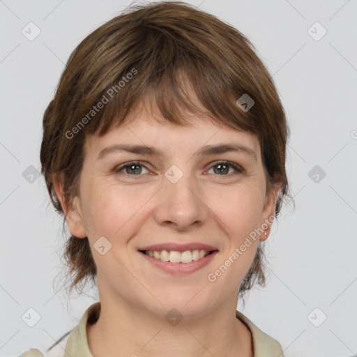 Joyful white young-adult female with medium  brown hair and grey eyes